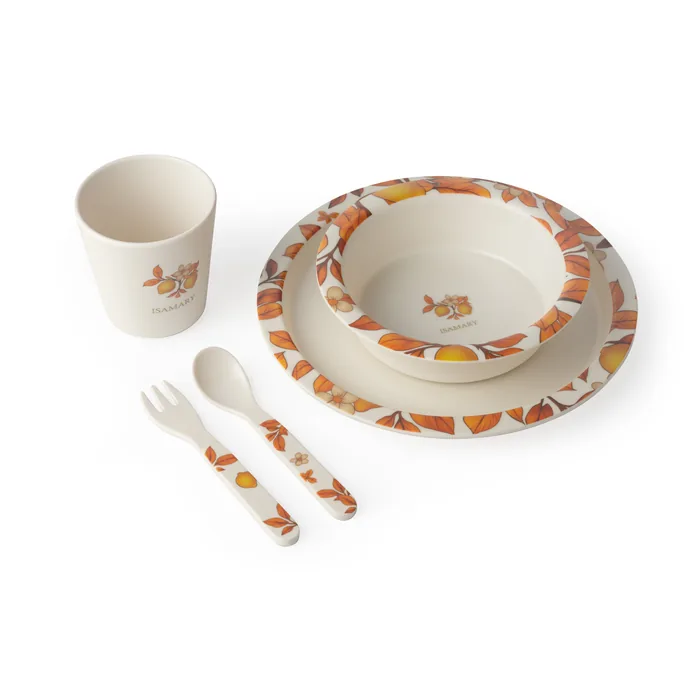 Servies-set in de Autumn-print: beker, bord, kom, vork en lepel