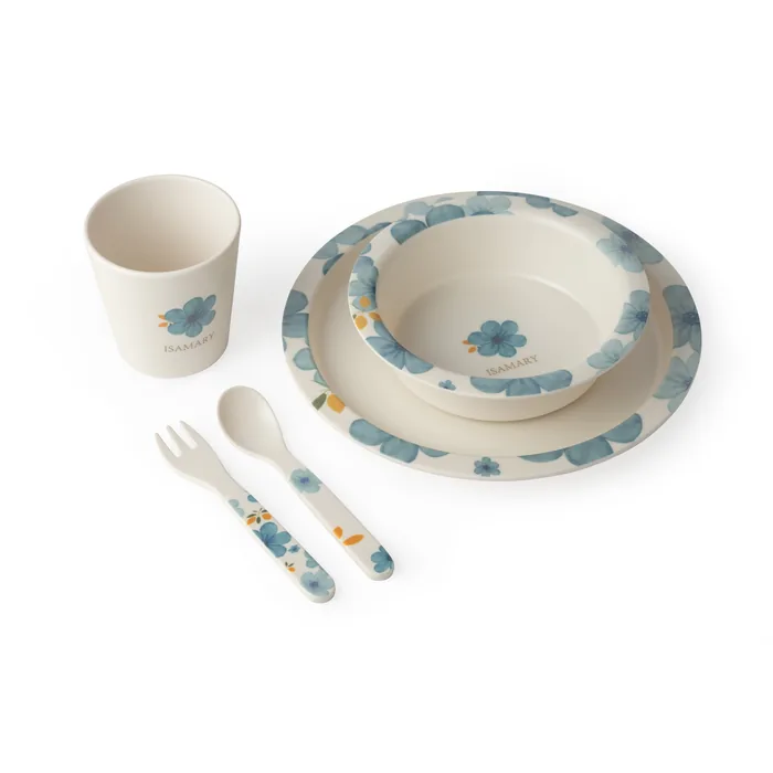 Servies-set in de Floral-print: beker, bord, kom, vork en lepel
