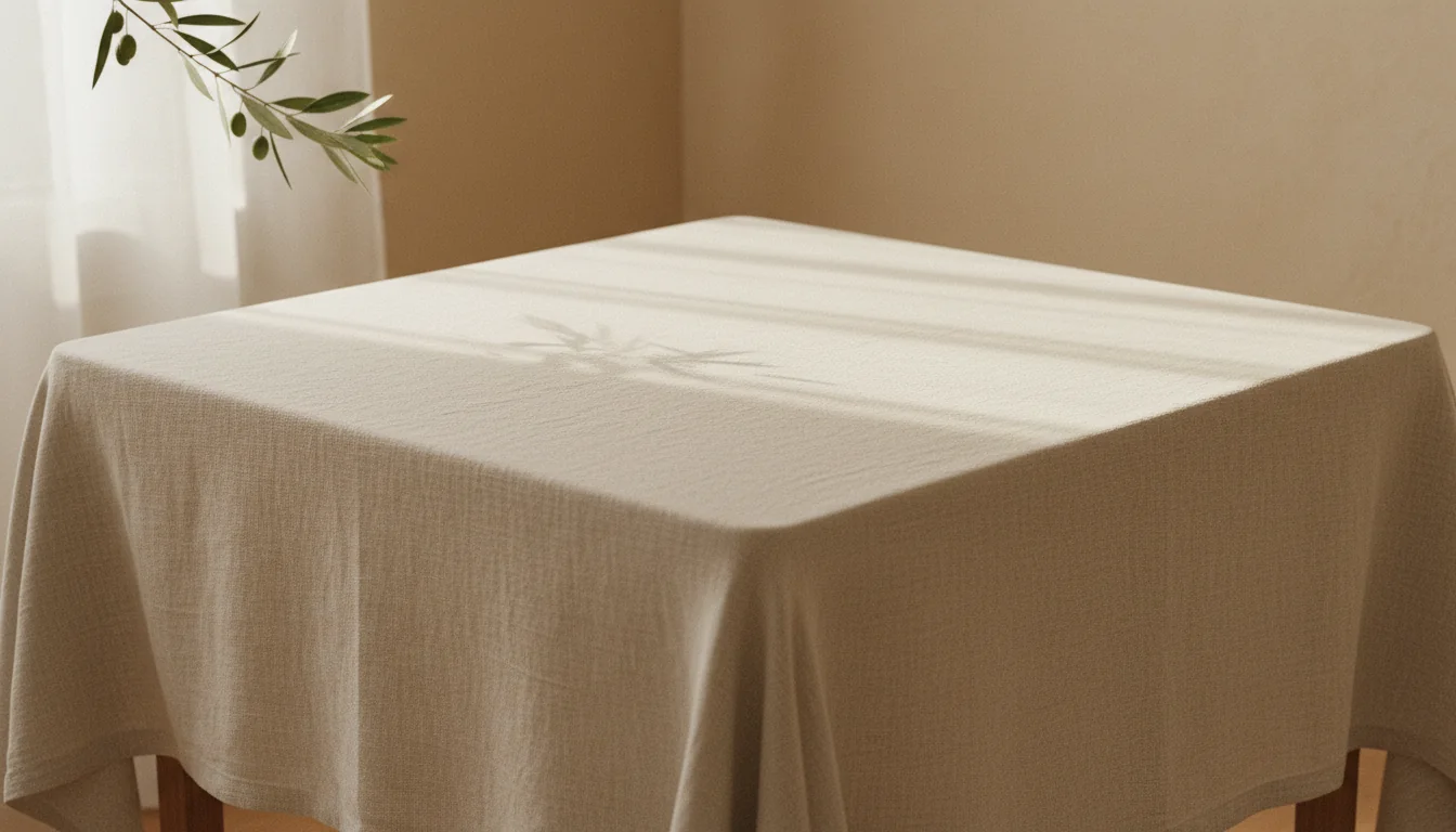 Een lege tafel met een linnen tafelkleed in zacht ochtendlicht